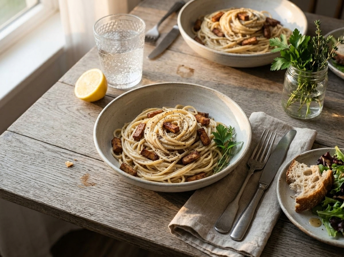 Two bowls of vegan carbonara on a dining table with lemon, linen napkins, and sparkling water