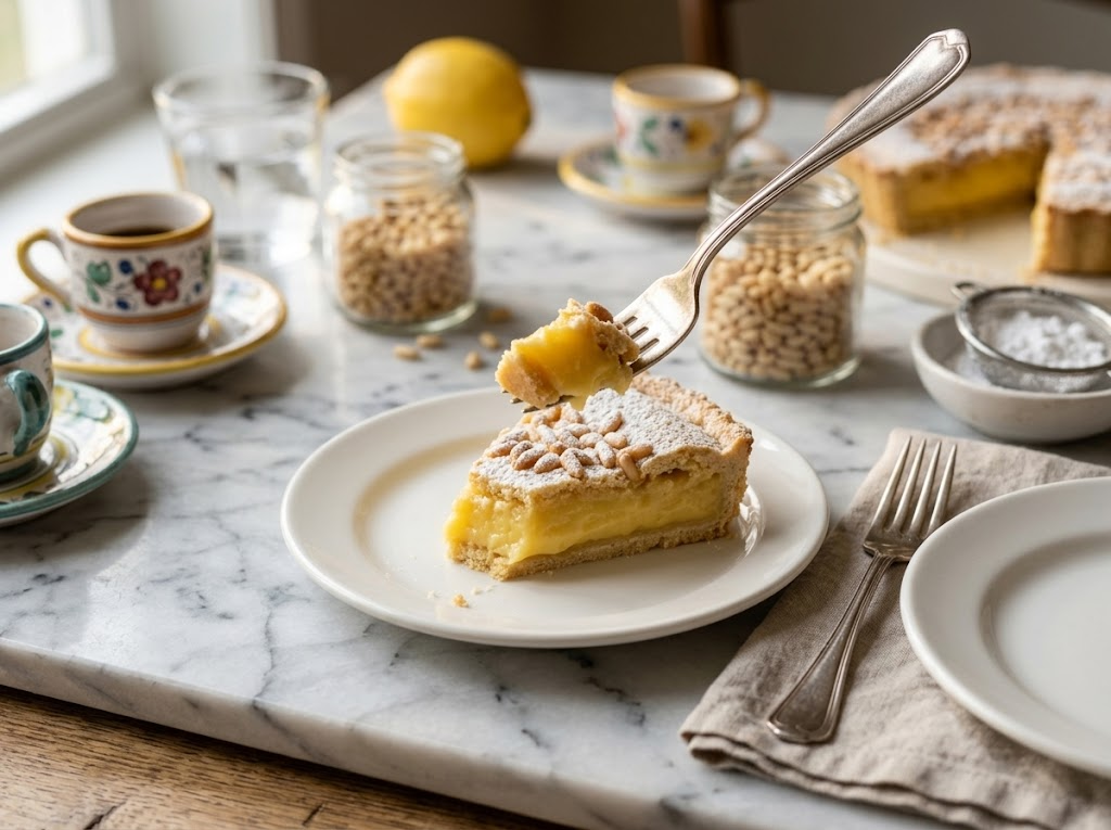 Two slices of Italian torta della nonna dusted with powdered sugar on white plates with espresso cups alongside