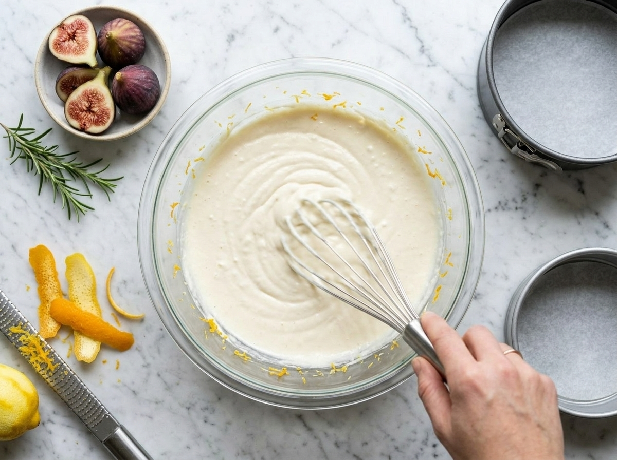 Hand whisking creamy ricotta filling in a glass bowl with lemon and orange zest on the rim