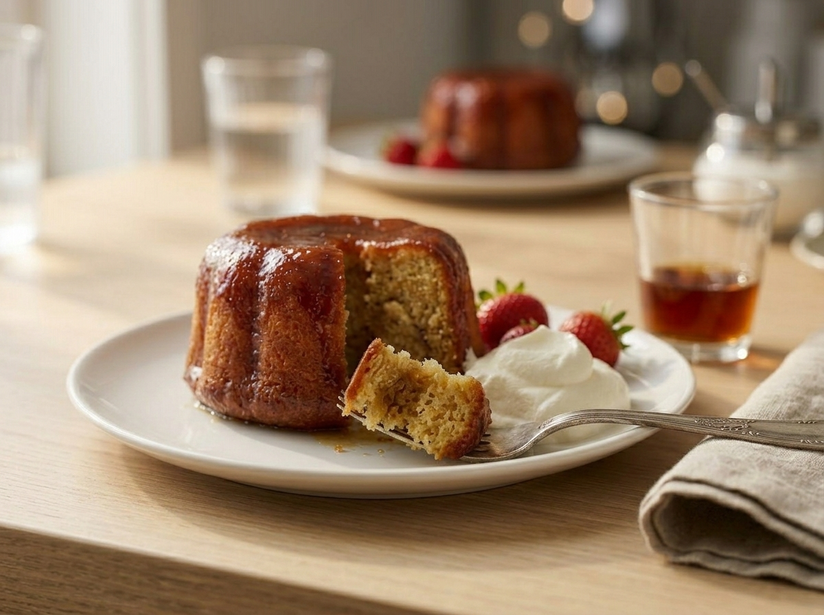 Single glazed babà al rum on white plate with whipped cream, strawberries, and a glass of dark rum on wooden table