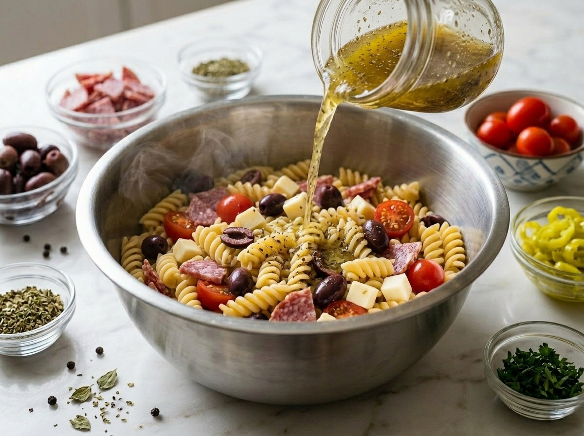 Red wine vinegar dressing being poured over warm rotini pasta in a large mixing bowl for Italian pasta salad