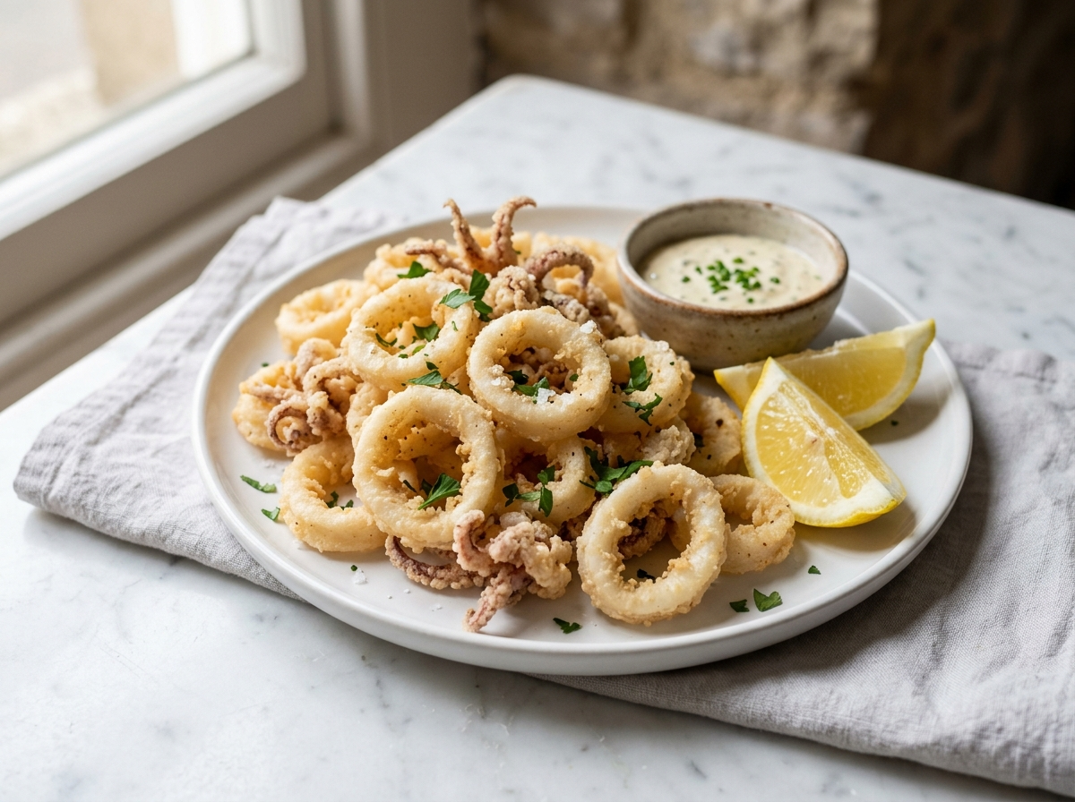 Crispy Italian calamari fritti rings and tentacles on a white plate with lemon wedges and parsley