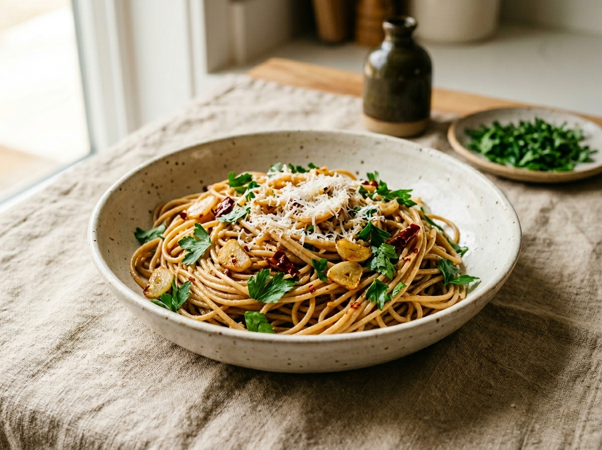 Bowl of whole wheat spaghetti Italian style topped with golden garlic slices, chili flakes, parsley, and grated Pecorino
