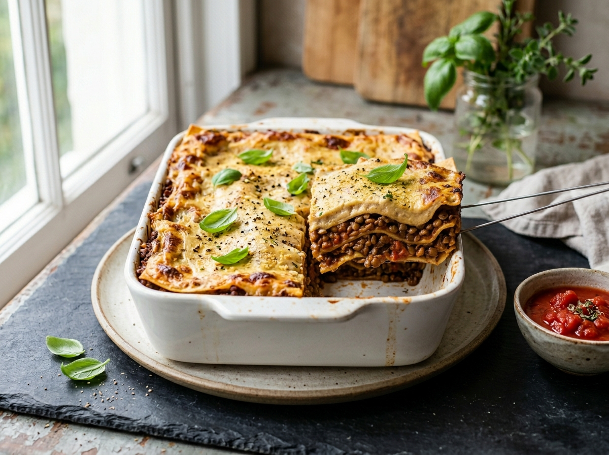 Vegan lentil lasagna in a white baking dish with golden béchamel top and one slice lifted to show layers