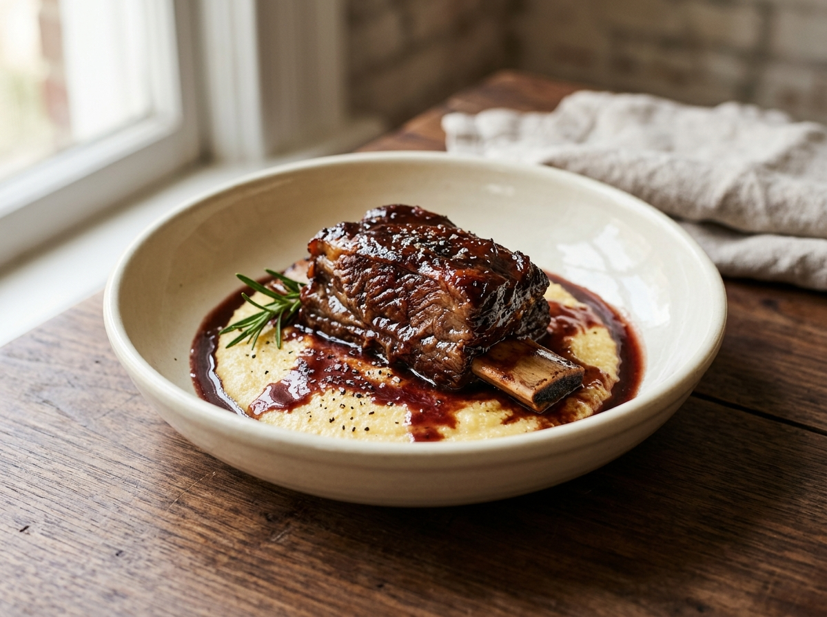 Braised bone-in beef short ribs on creamy polenta with glossy Italian red wine sauce in a white ceramic bowl