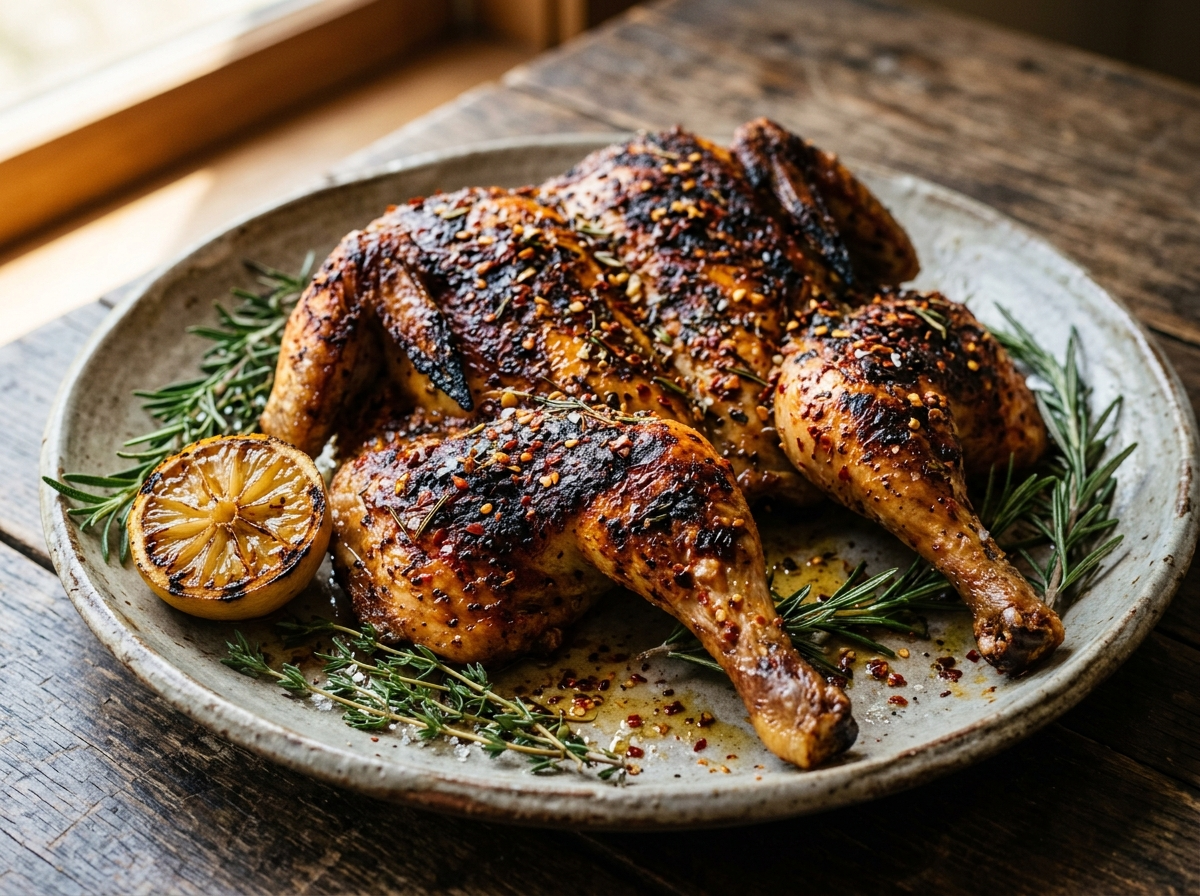 Whole pollo alla diavola with crisp charred skin, chili flakes, and lemon on a rustic ceramic platter