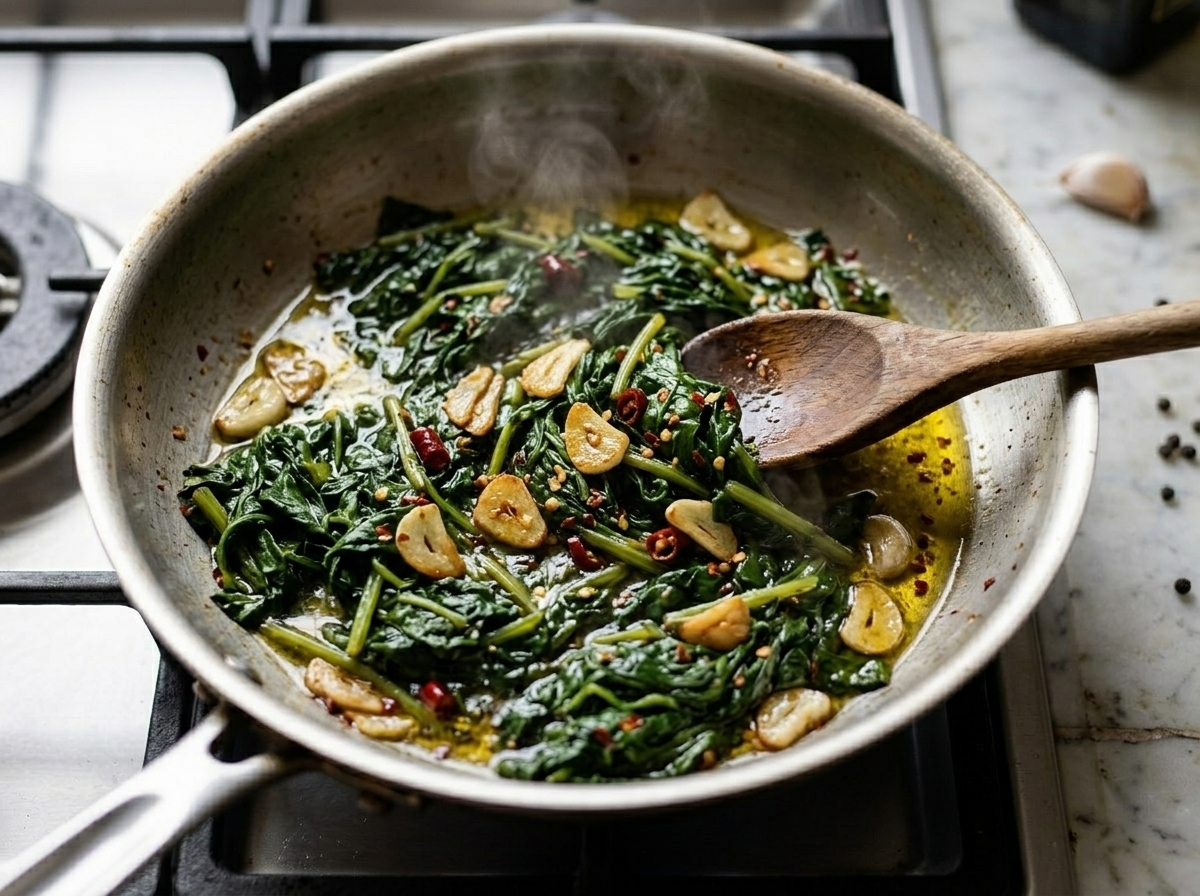 Blanched chicory tossing in a hot skillet with garlic and olive oil during the ripassata step