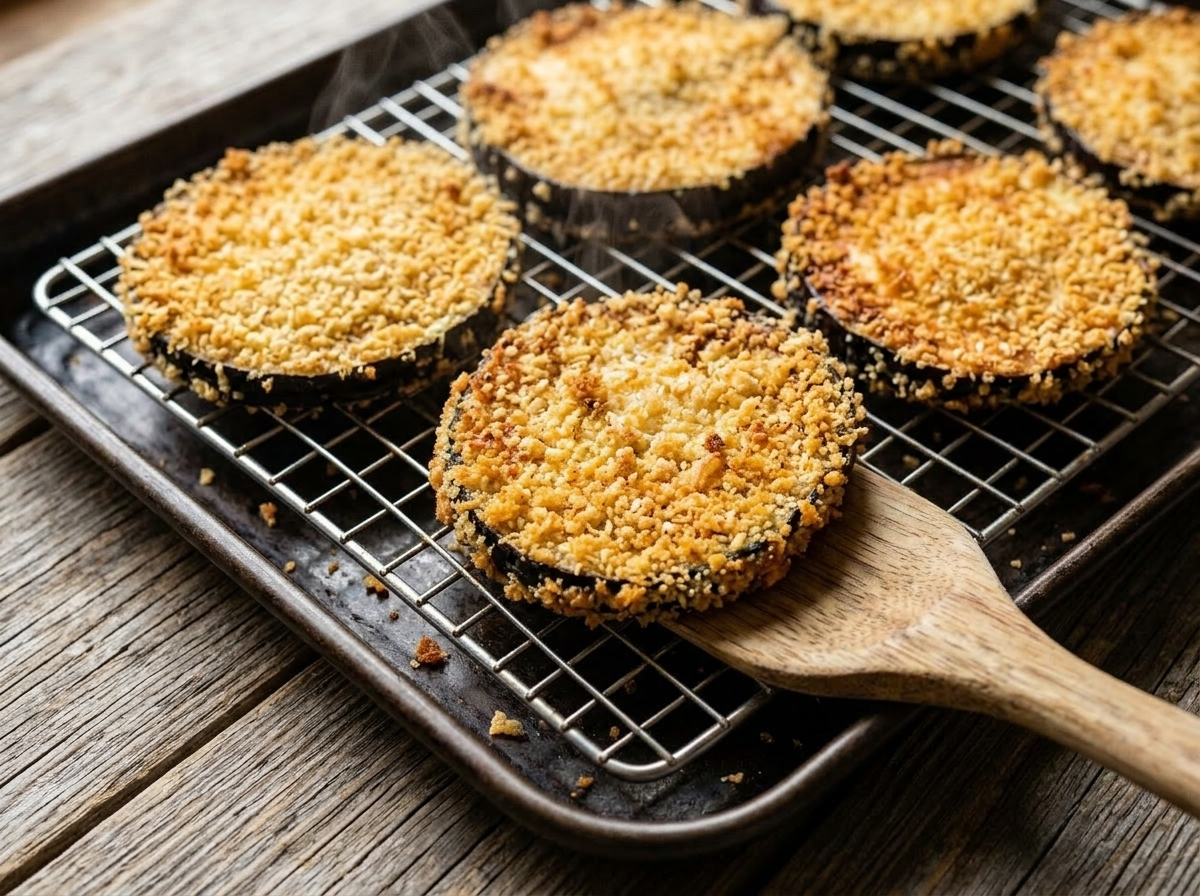 Panko-coated eggplant slices on a wire rack, golden and crispy after baking in the oven