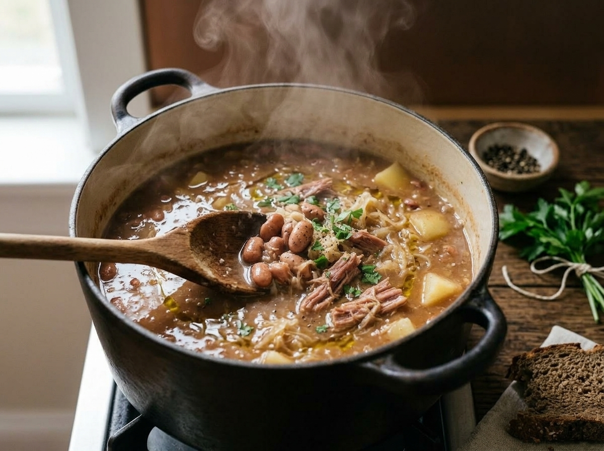 Borlotti beans and sauerkraut simmering together in a stockpot, wooden spoon mashing beans to thicken the jota broth