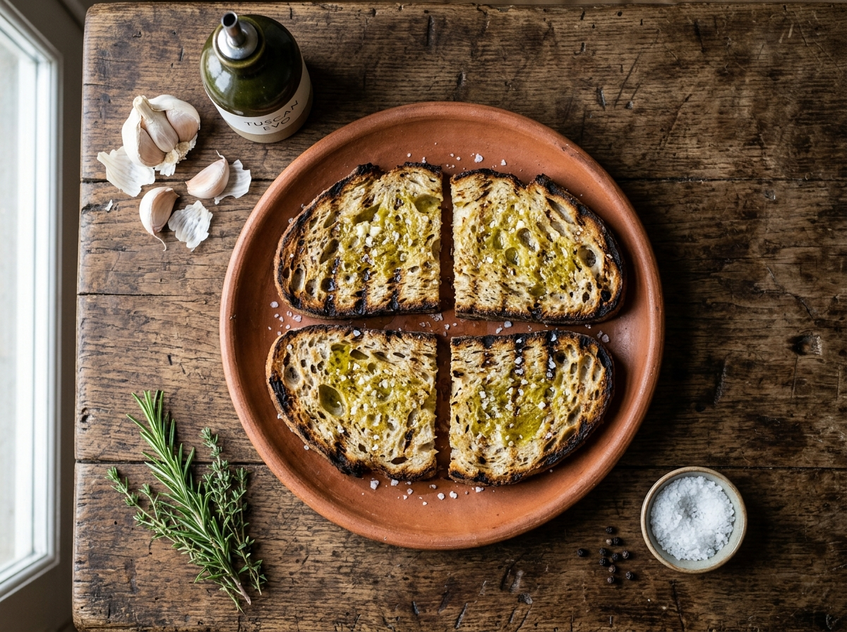 Four slices of fettunta toscana on a terracotta plate soaked in golden green extra virgin olive oil with flaky salt