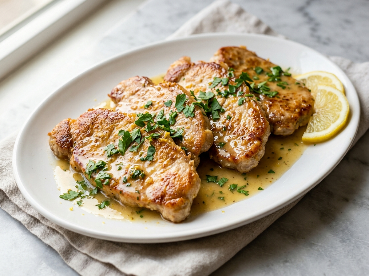 Scaloppine al limone on a white plate with glossy lemon butter sauce, fresh parsley, and lemon slices on marble surface