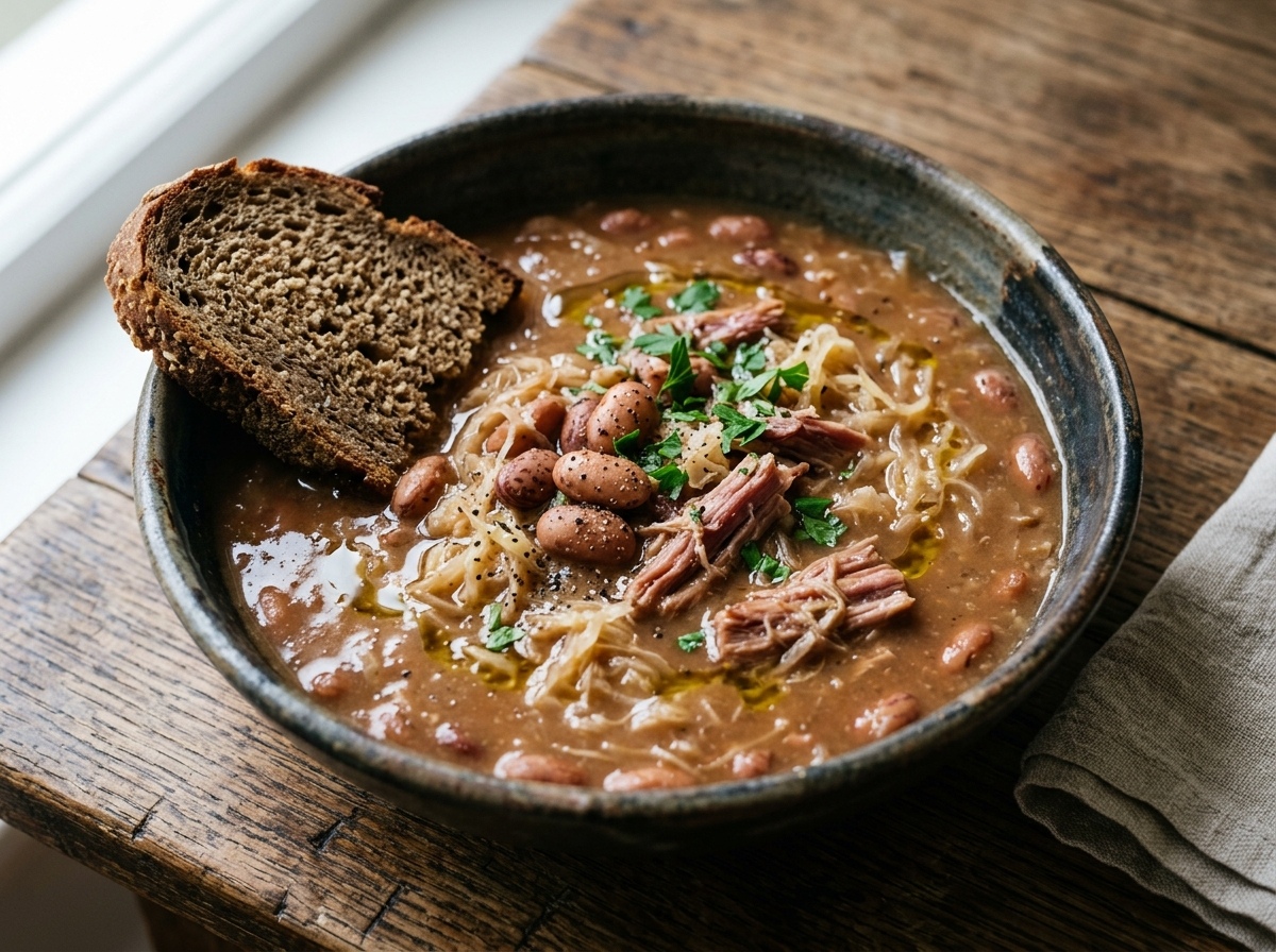 Bowl of jota triestina with borlotti beans, sauerkraut, and shredded smoked pork in a thick broth, served with rye bread