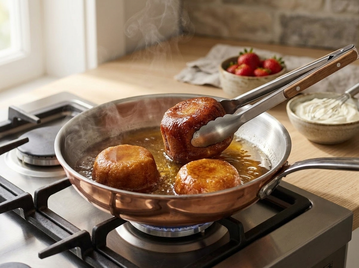Babà al rum being soaked in warm amber rum syrup in a wide pan, tongs holding one cake, steam rising