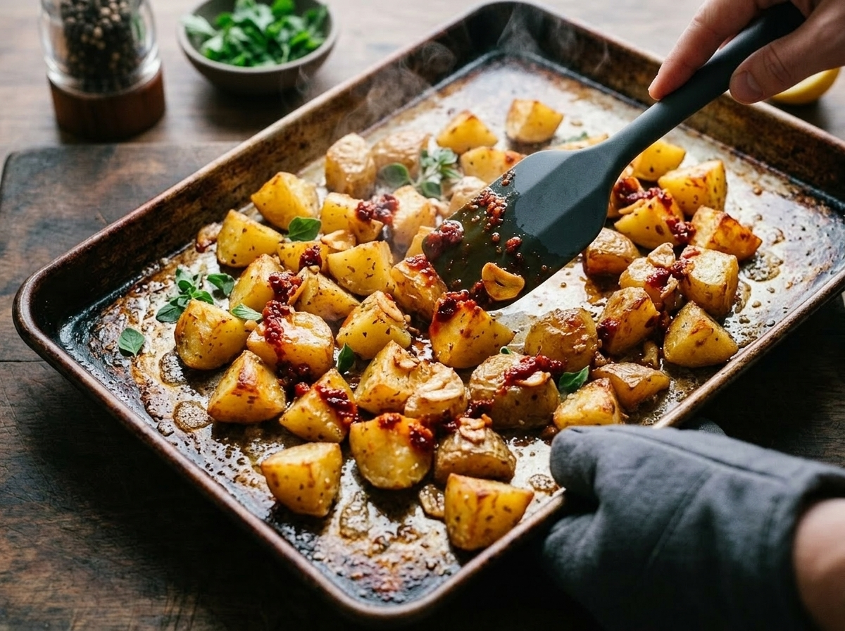 Calabrian chili paste being drizzled over golden roasted potato chunks on a hot sheet pan mid-cook