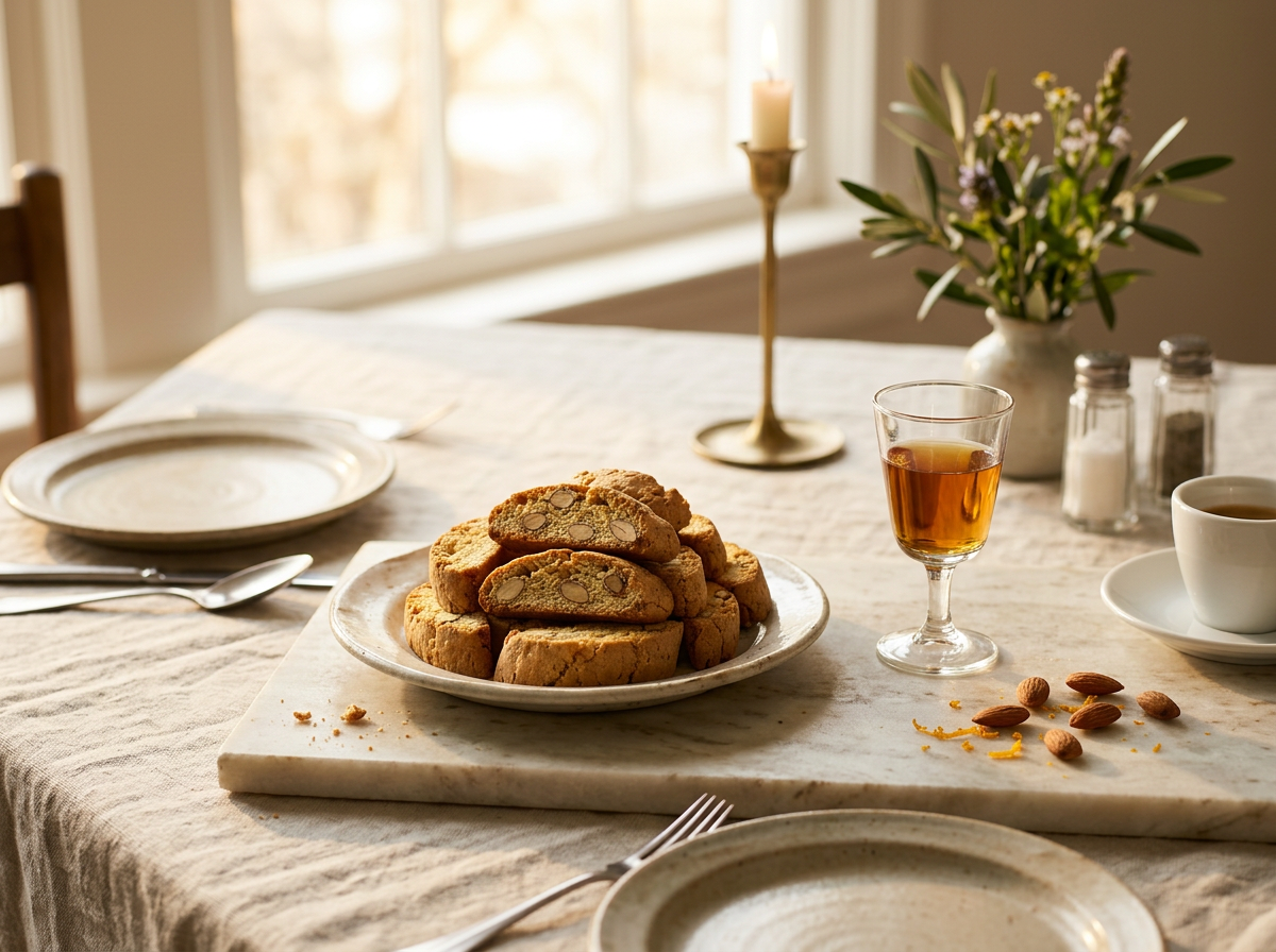 Cantucci biscotti served on a linen table with espresso and Vin Santo in a relaxed Italian after-dinner setting