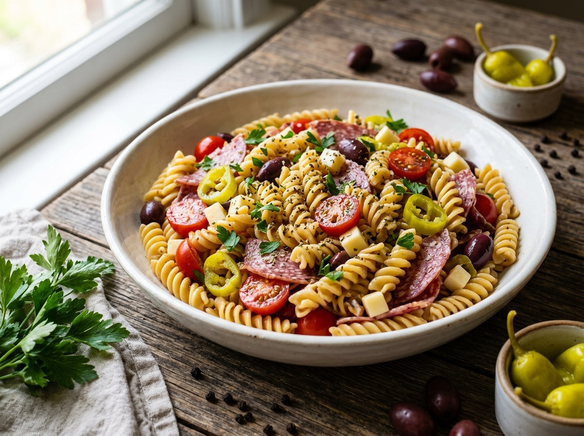 Summer Italian pasta salad with rotini, salami, olives, pepperoncini, and cherry tomatoes in a white bowl