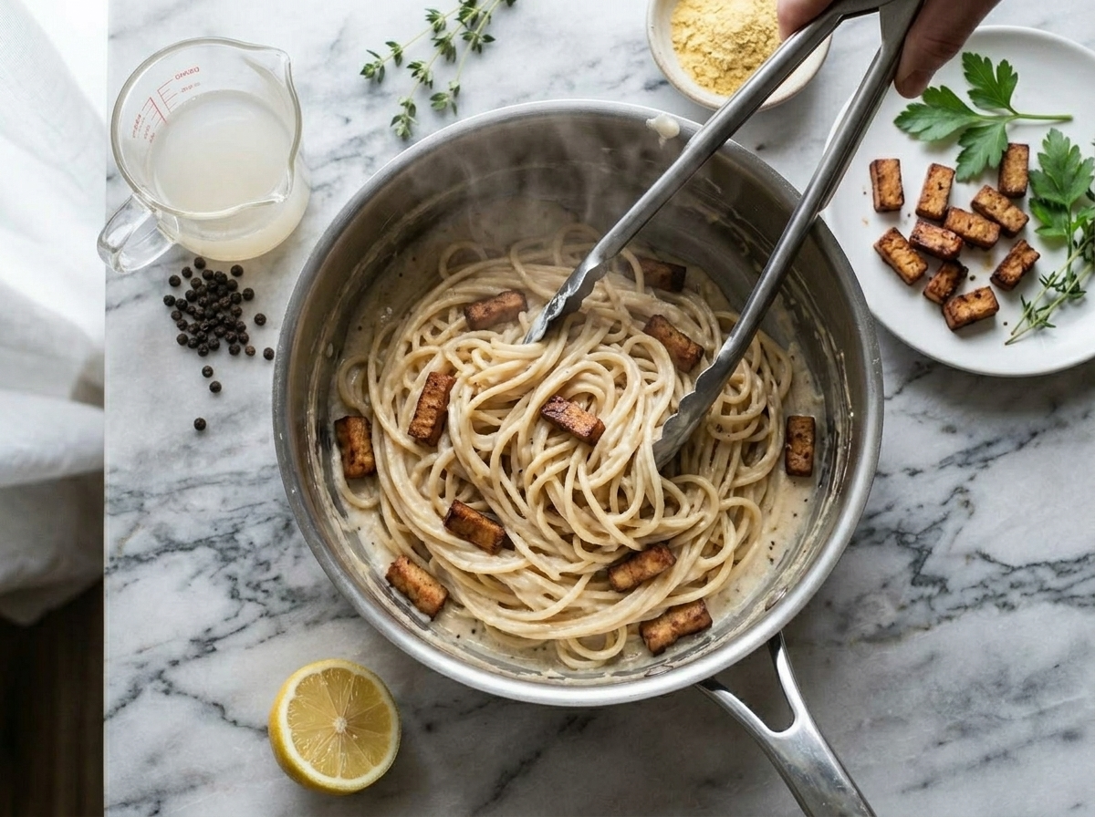 Spaghetti being tossed off heat with pale cashew carbonara sauce and pasta water in a steel pot
