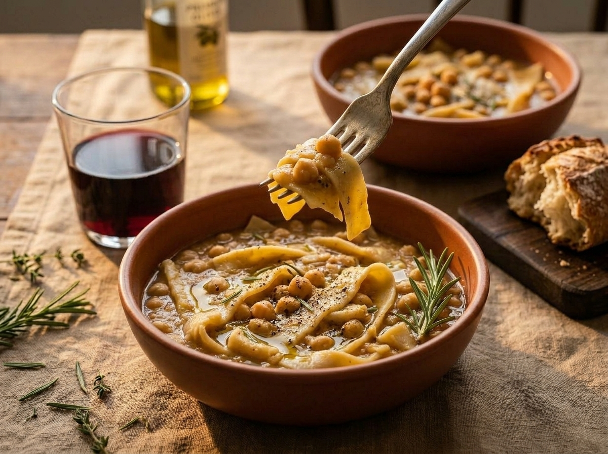 Two bowls of lagane e ceci on linen tablecloth beside a glass of red wine and torn crusty bread