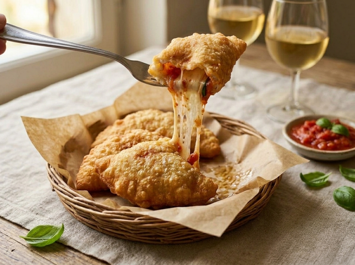 Basket of Italian panzerotti with mozzarella served with white wine and tomato dipping sauce