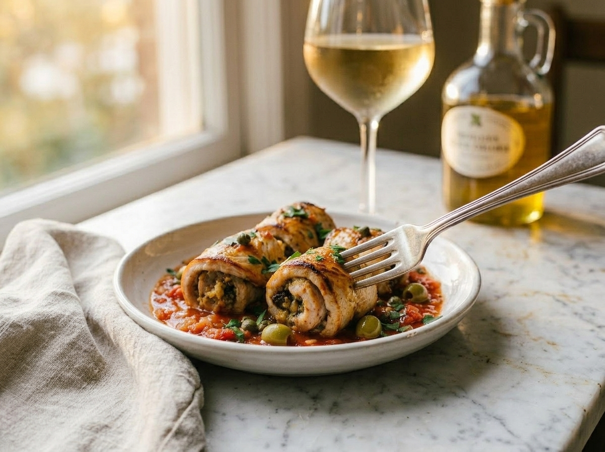 Plated Sicilian swordfish rolls with tomato sauce, a fork, and a glass of white wine on a wooden table