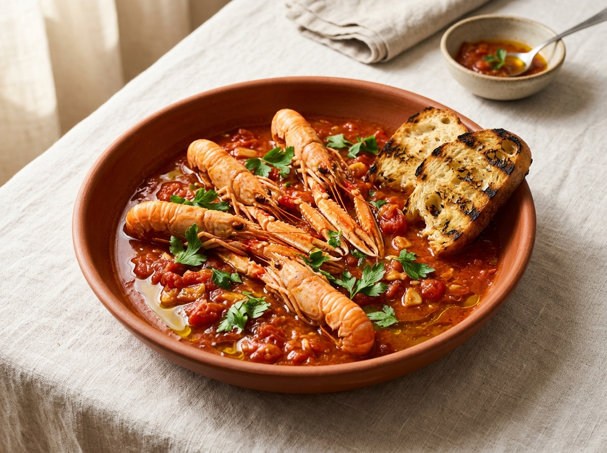 Whole langoustines in coral tomato and white wine busara sauce served in a terracotta bowl with grilled ciabatta