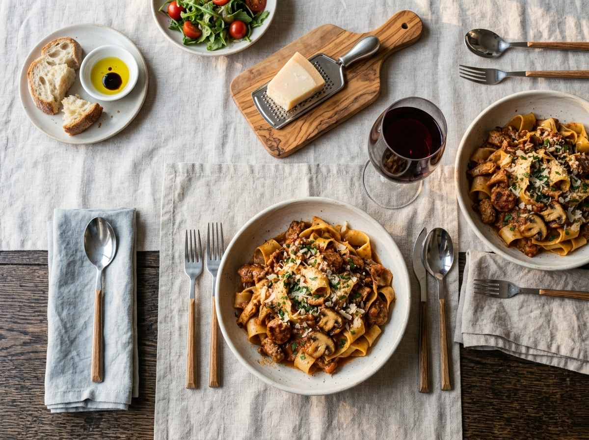 Two bowls of pasta alla boscaiola with a glass of red wine and Parmigiano on a linen-covered table