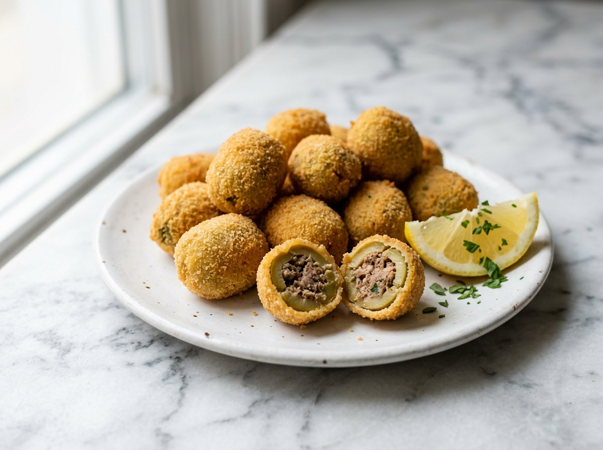 Plate of golden fried olive ascolane with one halved olive showing savory meat filling, on marble surface