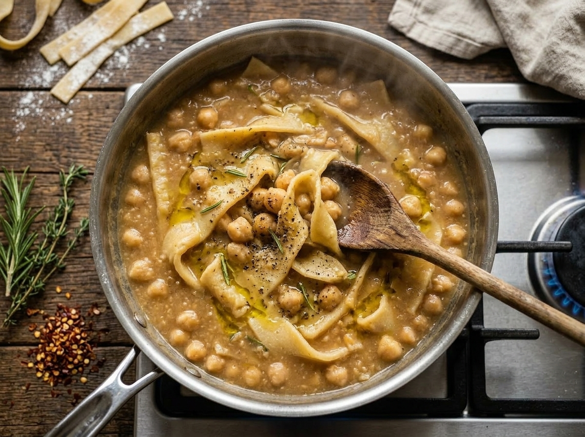 Wide pan of simmering chickpea broth with fresh lagane pasta ribbons being stirred in with a wooden spoon