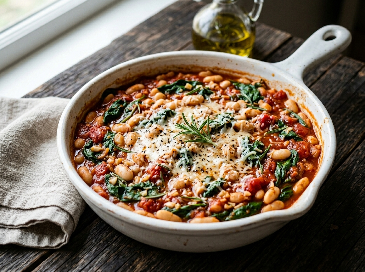Tuscan white bean skillet with cannellini beans, crushed tomatoes, rosemary, and wilted spinach in a ceramic pan
