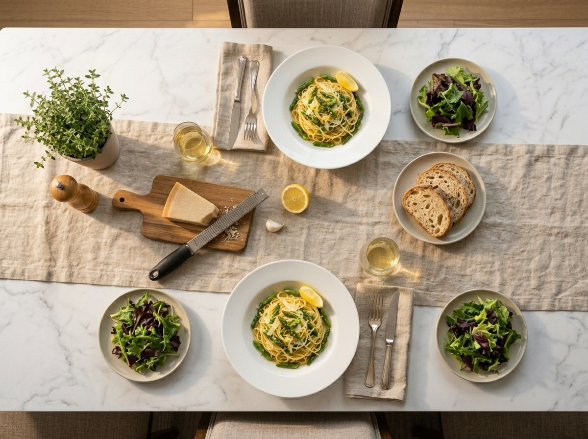 Two bowls of asparagus pasta with a glass of white wine and Parmesan block on a linen tablecloth