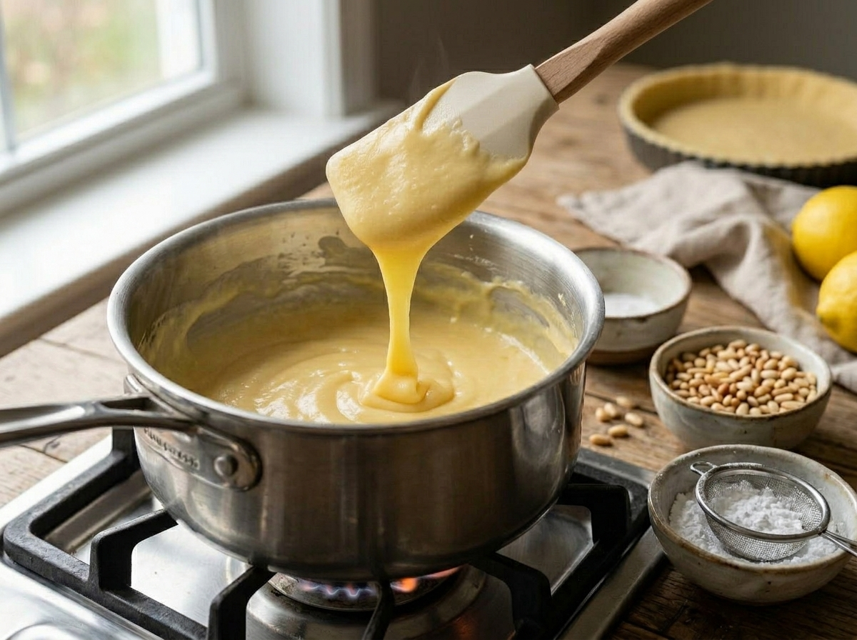 Thick lemon pastry cream being stirred in a saucepan, falling in a ribbon from a spatula to show correct consistency