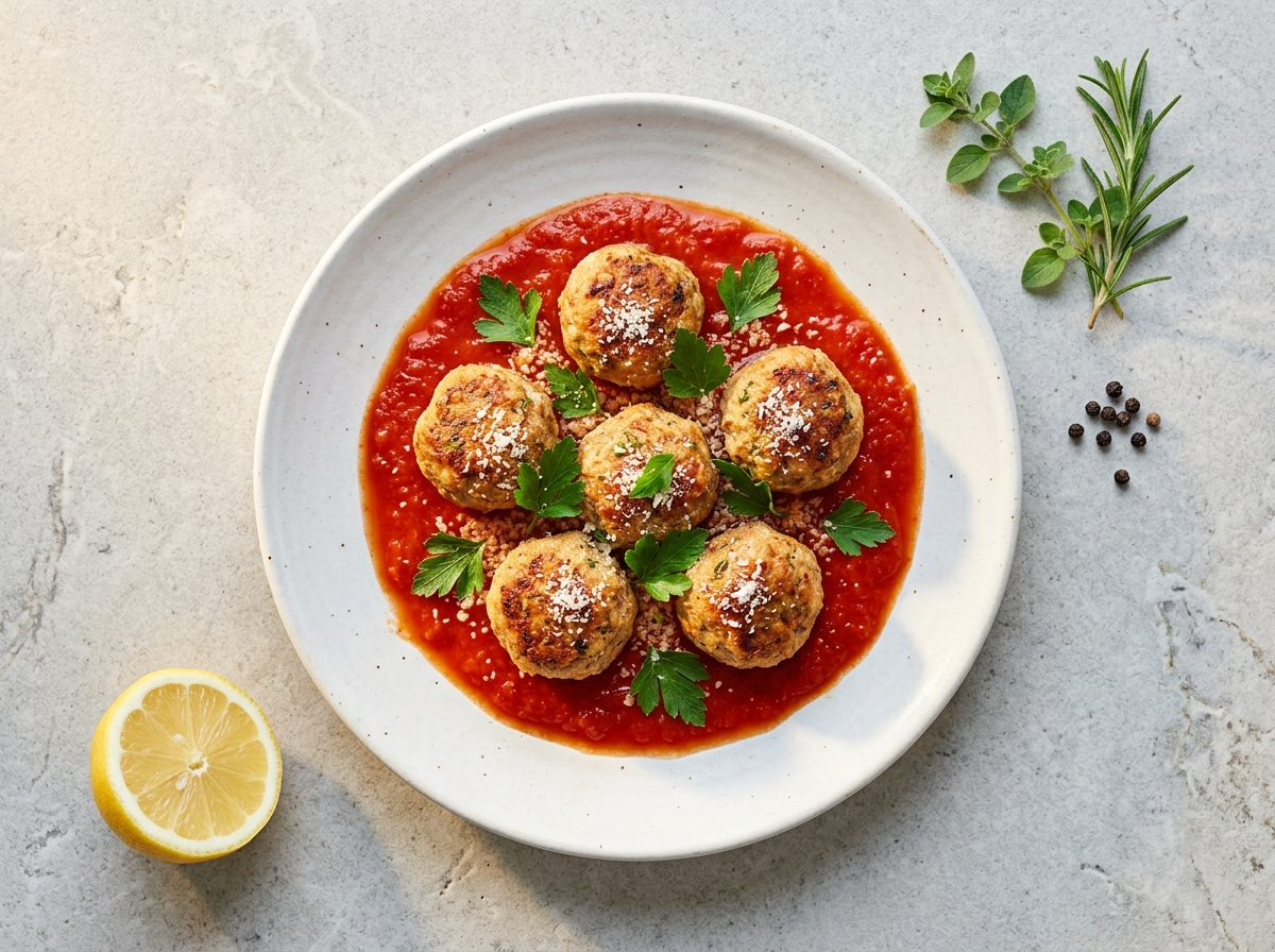 Low fat Italian meatballs in tomato sauce served in a white bowl with Parmigiano and fresh parsley