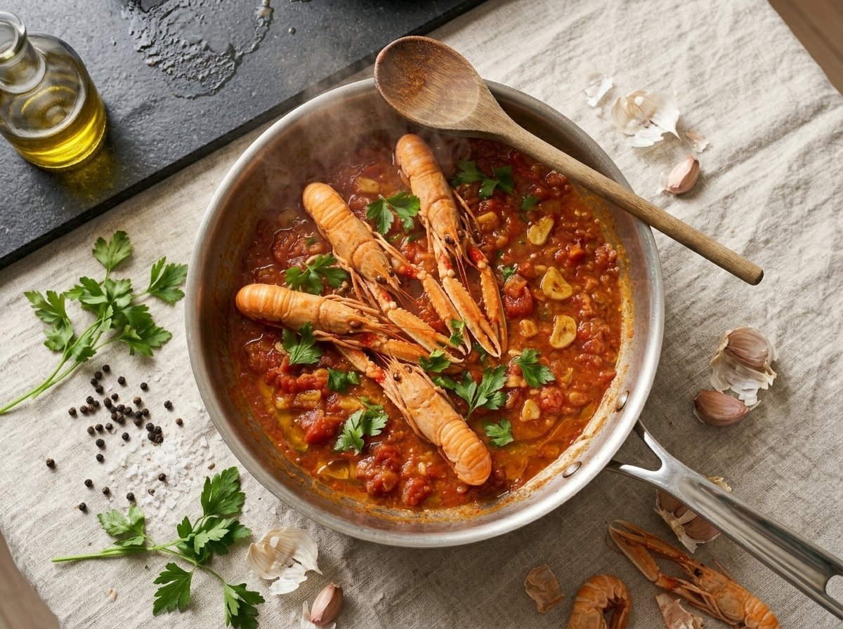 Shell-on langoustines sizzling shell-side down in a bright tomato busara sauce in a wide saute pan