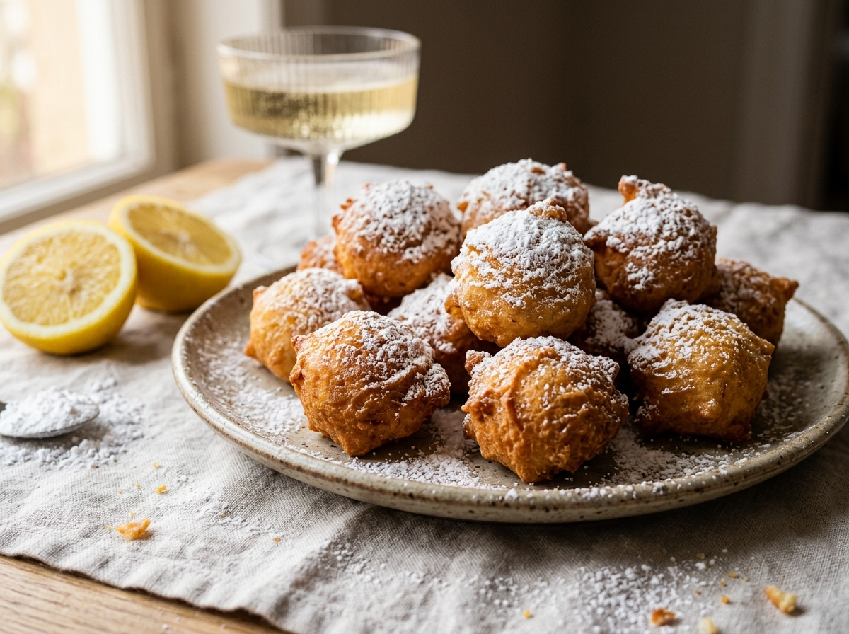 Plate of golden castagnole Italian Carnival fritters dusted with powdered sugar, lemon and prosecco beside them.
