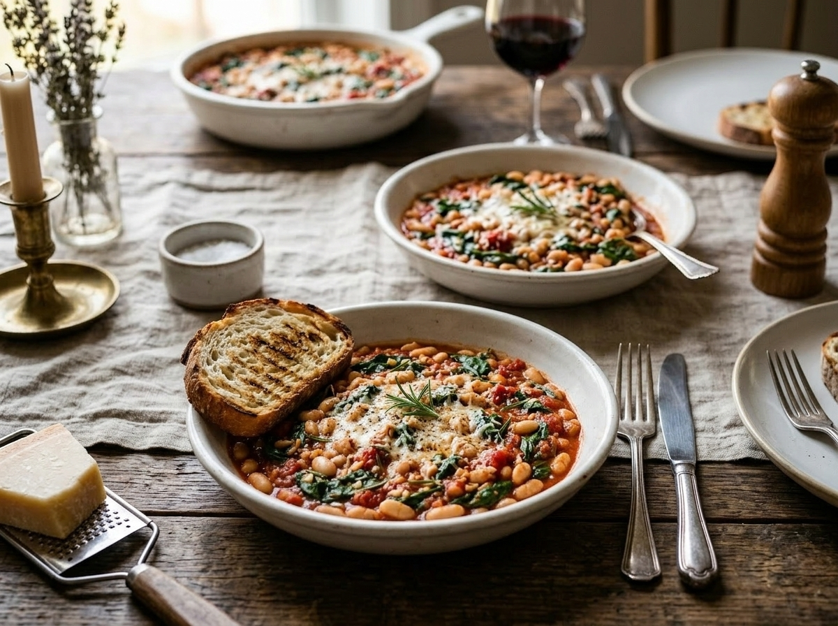 Two bowls of Tuscan white bean skillet served with grilled sourdough and a glass of red wine