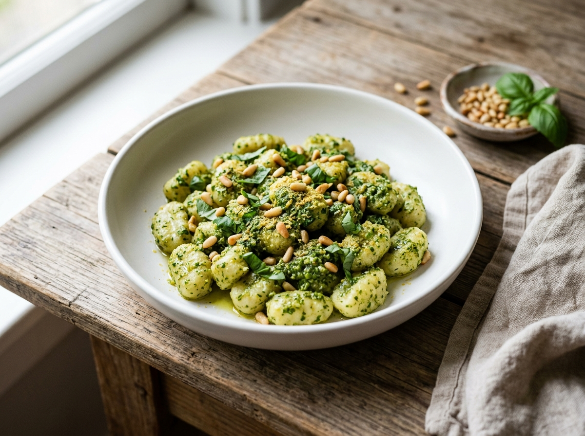 White bowl of vegan pesto gnocchi with toasted pine nuts and fresh basil on a wooden table