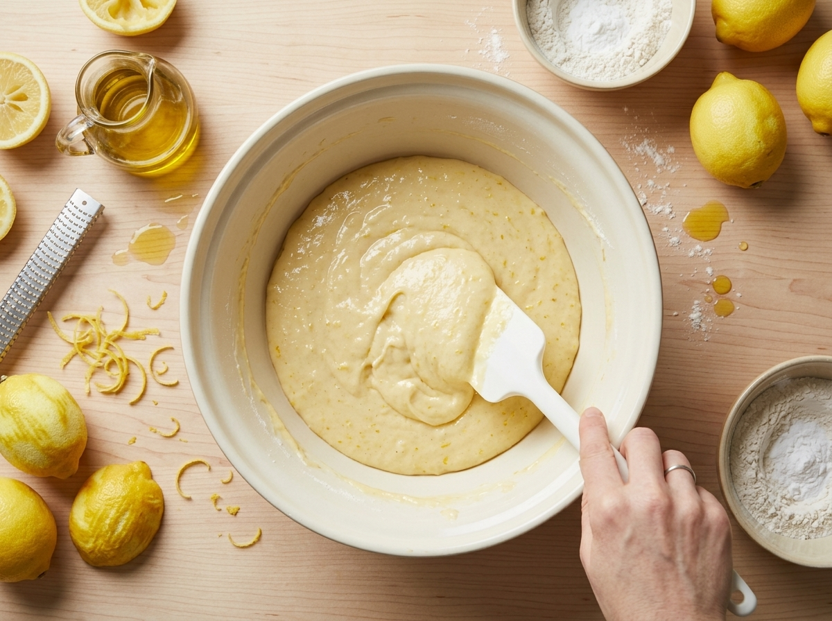 Folding lemon olive oil cake batter with a spatula in a ceramic bowl, lemon zest and olive oil jug nearby