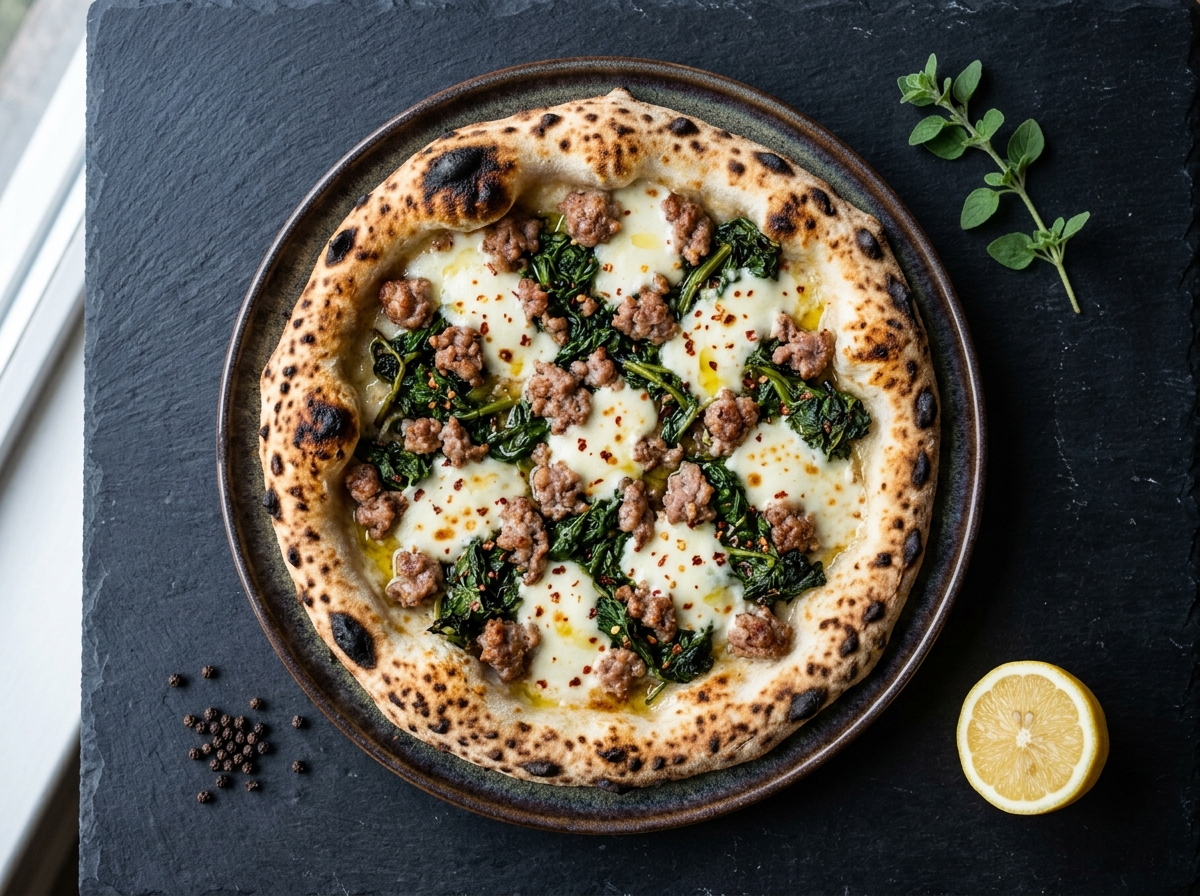 Whole pizza salsiccia e friarielli on a wooden board with charred crust, broccoli rabe, and crumbled sausage