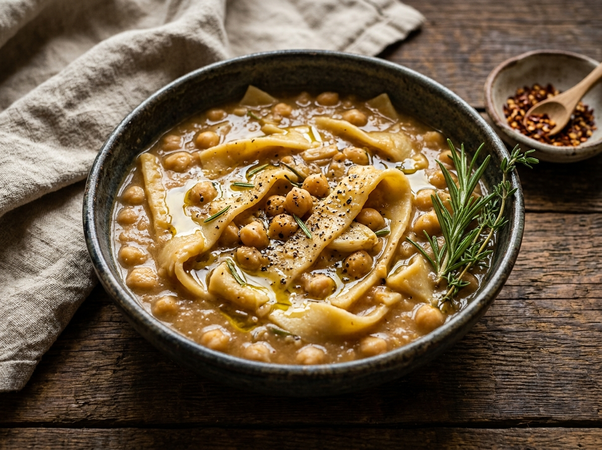 Deep ceramic bowl of Basilicata lagane e ceci, flat pasta ribbons in thick chickpea broth with olive oil and rosemary