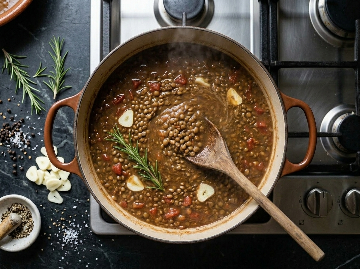 Castelluccio lentil stew simmering in a heavy pot with rosemary sprig and diced tomato visible during cooking