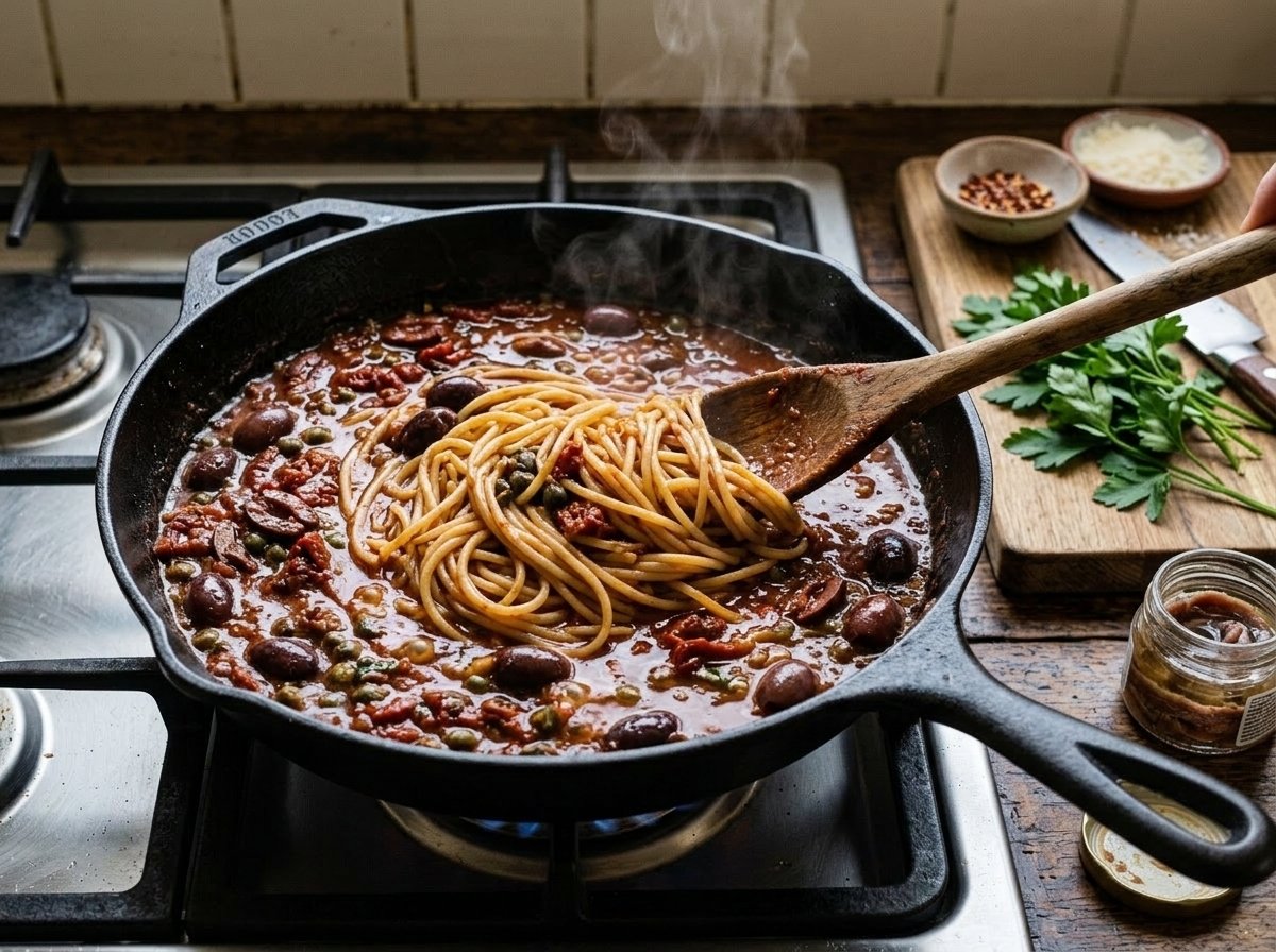 Puttanesca sauce simmering in a cast iron skillet with olives, capers, and broken-down tomatoes being stirred