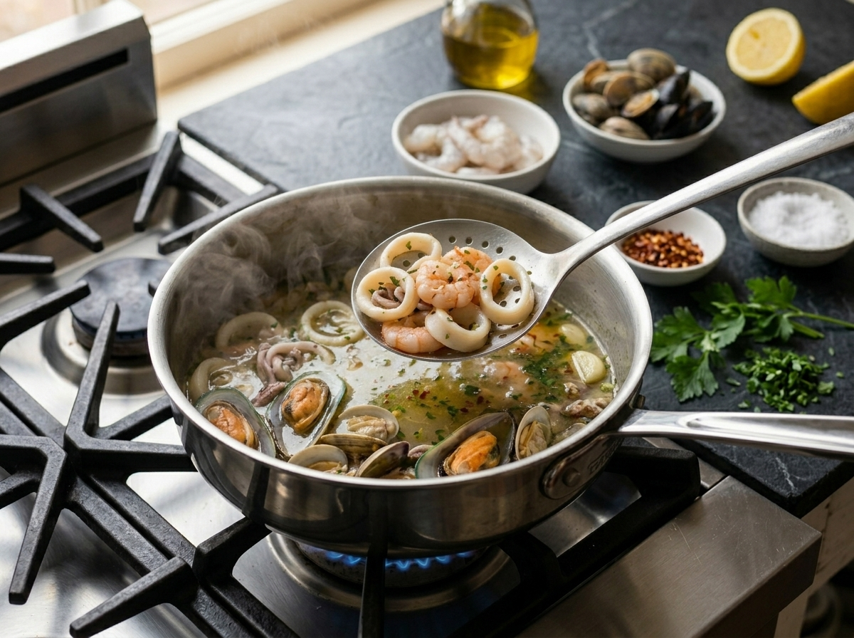 Squid rings and shrimp being lifted from simmering poaching water with a slotted spoon during insalata di mare preparation