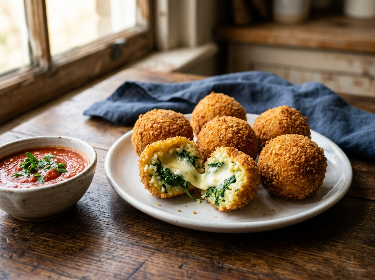Golden arancini with spinach and cheese on a white plate, one cut open showing melted mozzarella and green spinach filling