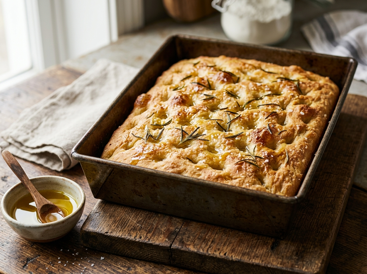 Golden gluten free focaccia in a baking pan topped with rosemary and flaky salt, olive oil pooled in dimples