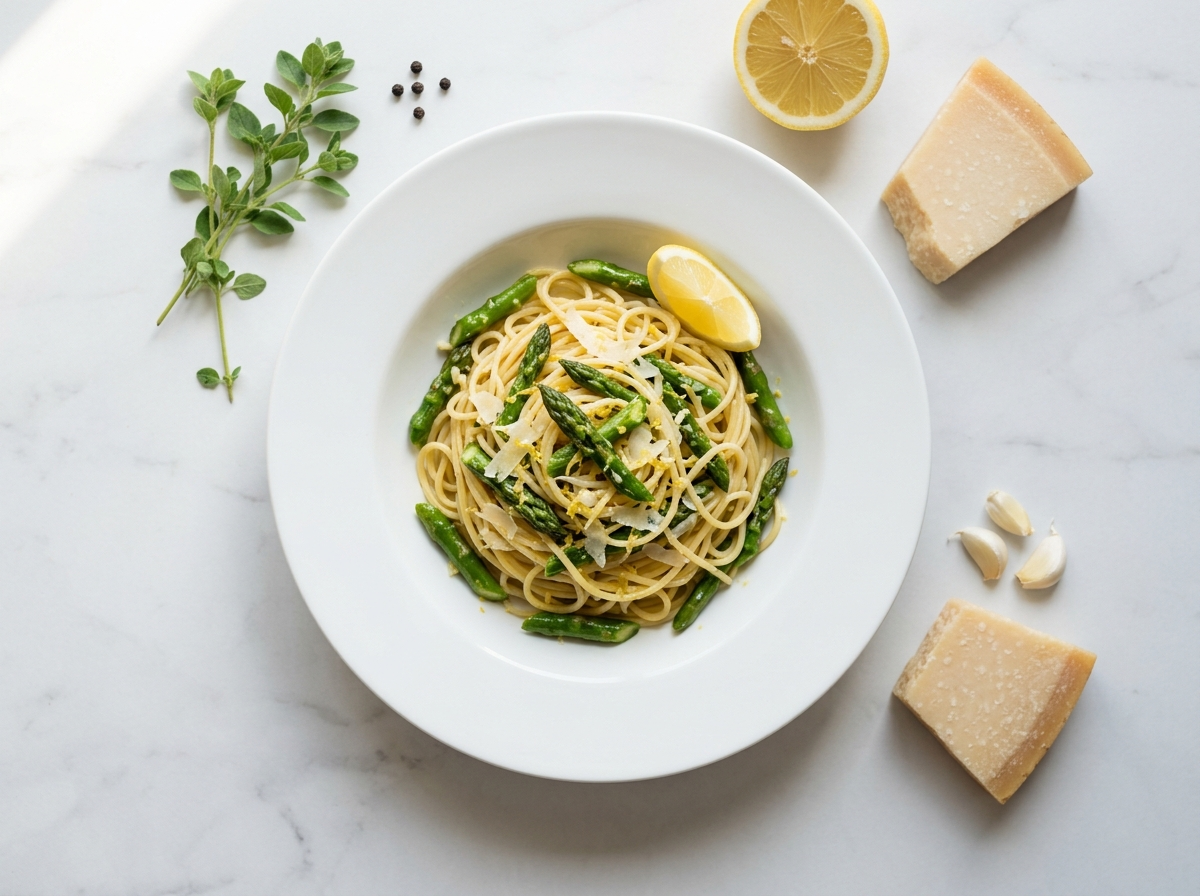 White bowl of spring asparagus spaghetti with Parmesan shavings and lemon wedge on marble surface