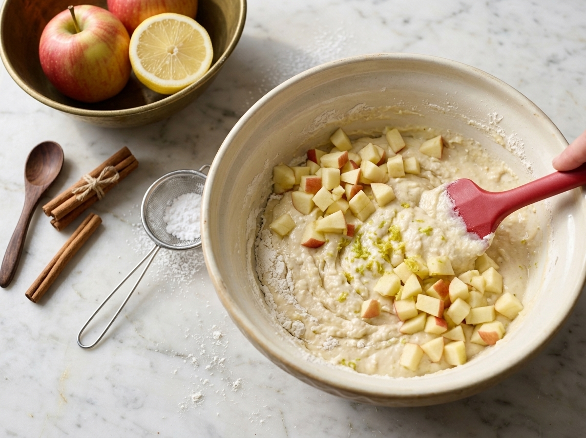 Rubber spatula folding diced apple pieces into ricotta cake batter in a ceramic mixing bowl on a marble counter