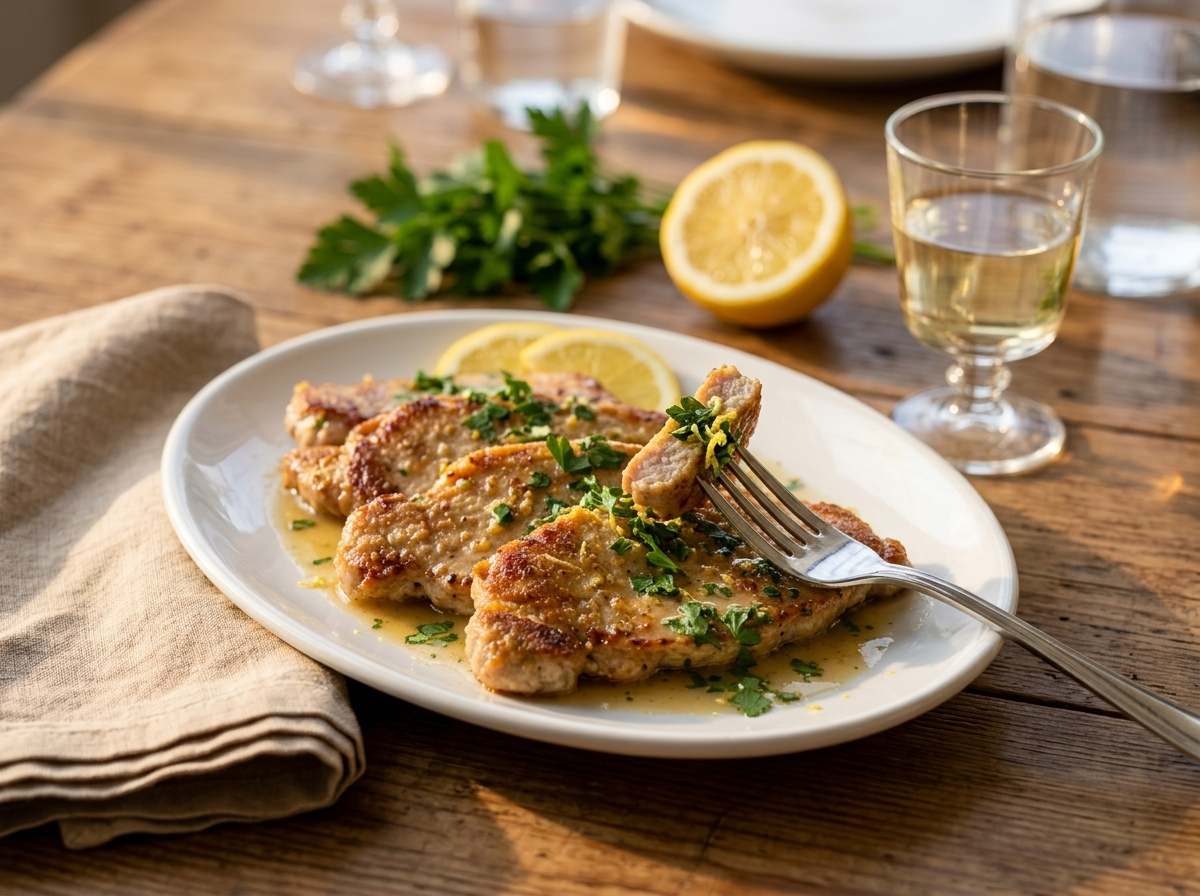Plated scaloppine al limone on a wooden table with a glass of white wine and fresh lemon as props