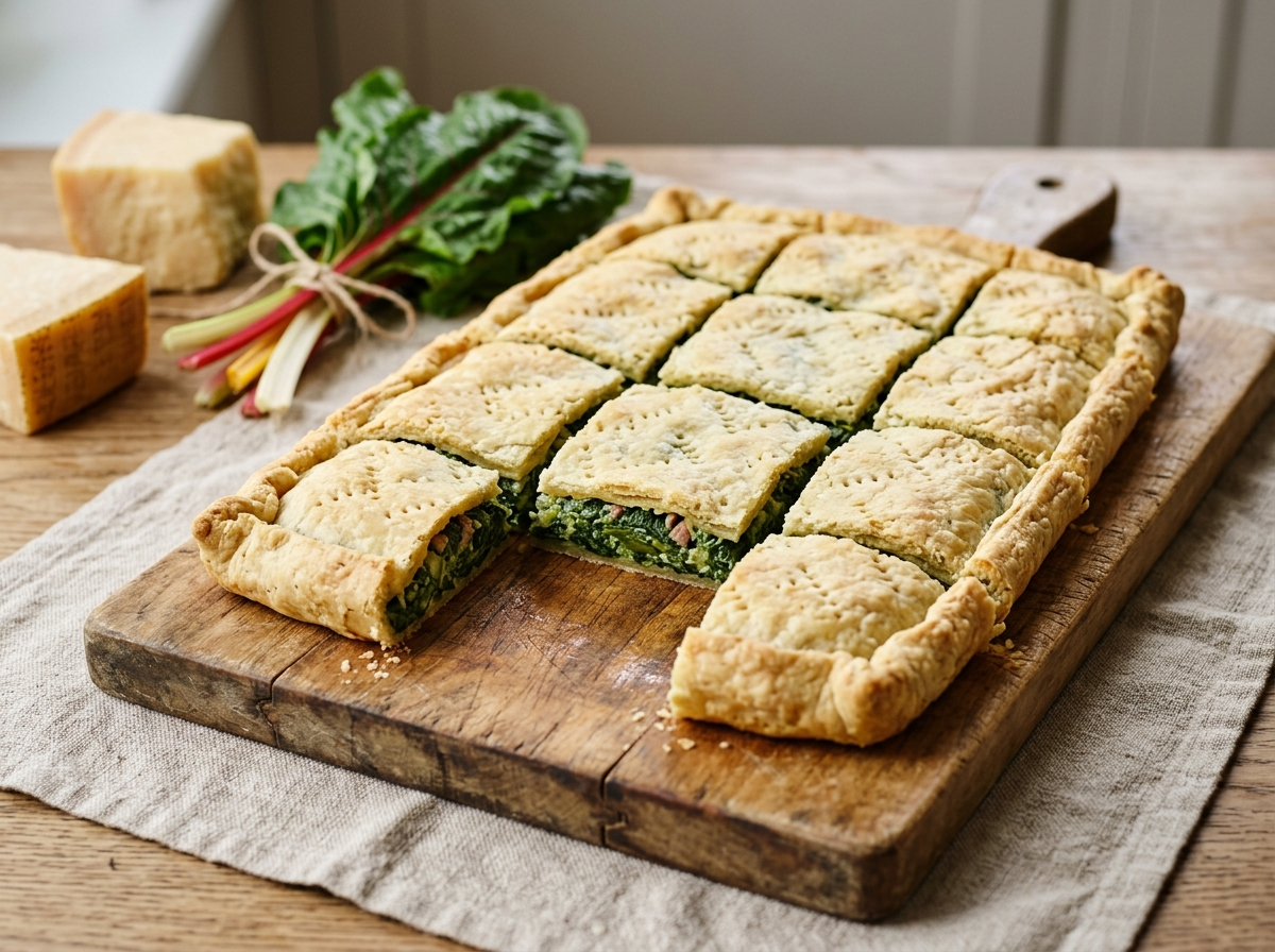 Sliced erbazzone reggiano on a wooden board showing vivid green chard and spinach filling inside pale lard crust