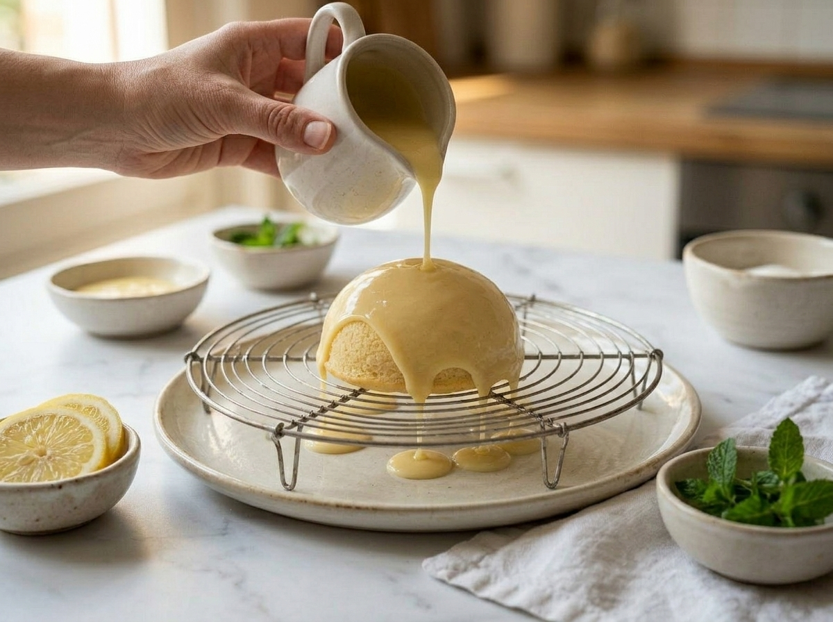 Lemon cream glaze being poured over a génoise sponge dome on a wire rack, Delizia al Limone assembly step