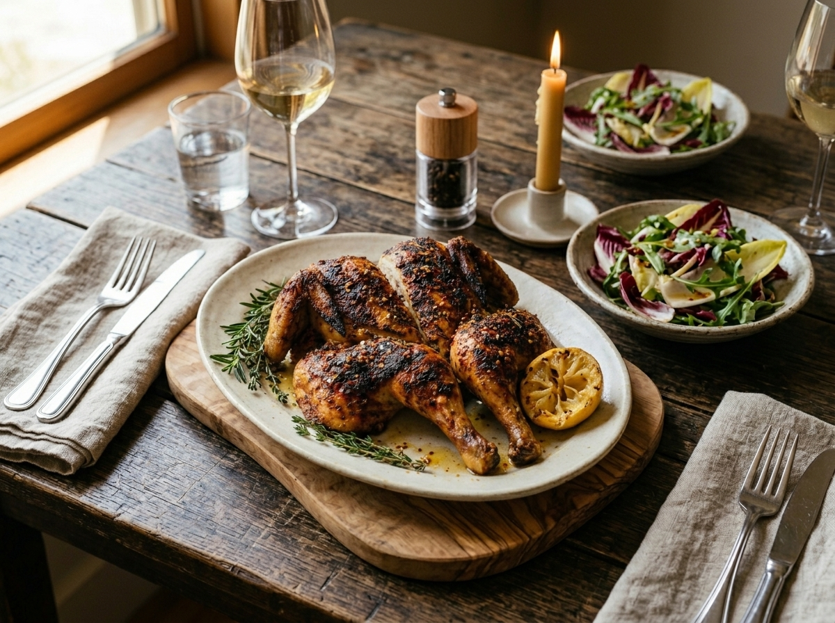 Quartered pollo alla diavola plated with lemon wedge, greens salad, and a glass of white wine